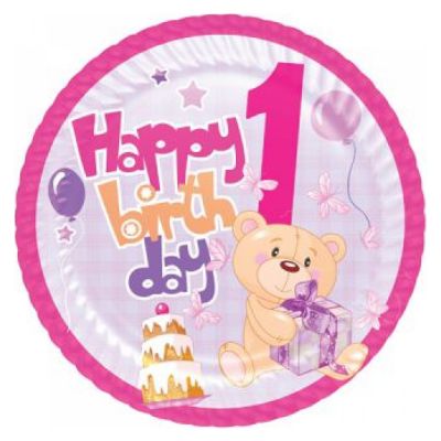 1st Birthday Party Paper Plates Pink - 1