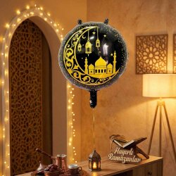 Ramazan Temalı Siyah Folyo Balon - Altın Hilal ve Kandil Detaylı - 1