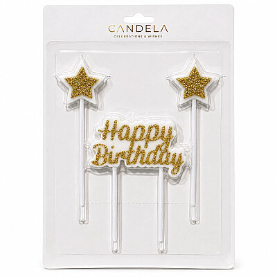 Altın Parıltılı Doğum Günü Mum Seti - Happy Birthday ve 2 Adet Yıldız Mum - 1
