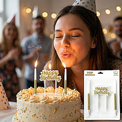 Gold Glitter Happy Birthday & Long Stick Candle Set (14 cm) - 1