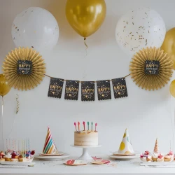 Gold Happy Birthday Paper Fan Decoration Set - 1