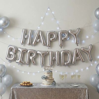 Gümüş Happy Birthday Banner Folyo Balon - 1