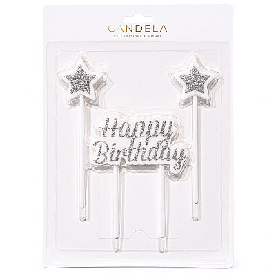 Gümüş Parıltılı Doğum Günü Mum Seti - Happy Birthday ve 2 Adet Yıldız Mum - 1