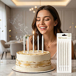 Gümüş Simli Beyaz Pasta Mumu Seti 15 cm 6 Parça - Kikajoy