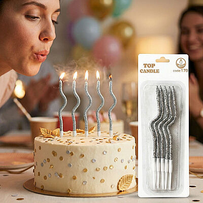Gümüş Simli Kıvrımlı Doğum Günü Pasta Mumu 12 cm 5 Parça - 1