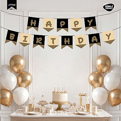 Happy Birthday Banner – Black & Gold Glitter Party Garland Decoration - 1