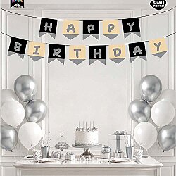 Happy Birthday Black Gold Silver Glitter Banner – Stylish Birthday Party Garland - 1
