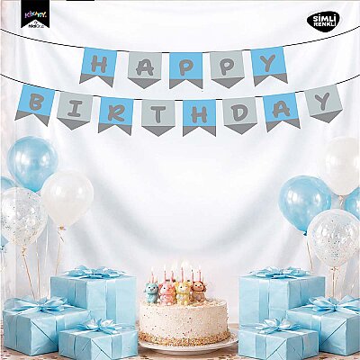 Happy Birthday Blue & Silver Glitter Banner – Party Garland Decoration - 1