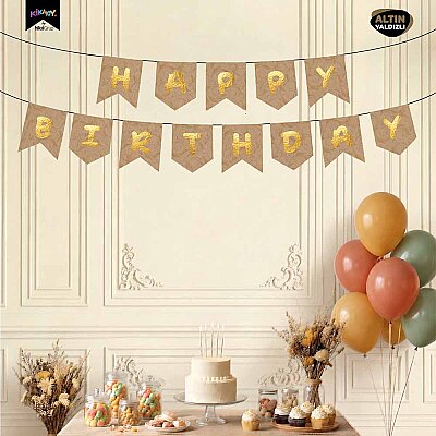 Happy Birthday Kraft Zemin Altın Harf Afiş - 1