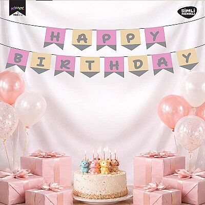 Happy Birthday Pink & Silver Glitter Banner – Party Garland Decoration - 1