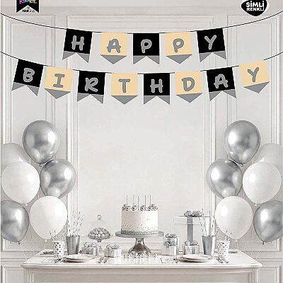 Happy Birthday Siyah Zemin Gümüş Harf Afiş - 1