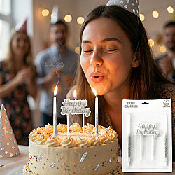 Happy Birthday Yazılı Gümüş Simli Pasta Mumu Seti - 1