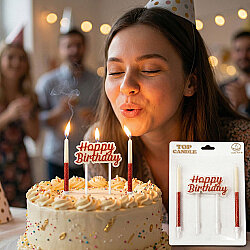 Happy Birthday Yazılı Kırmızı Simli Pasta Mumu Seti - 1