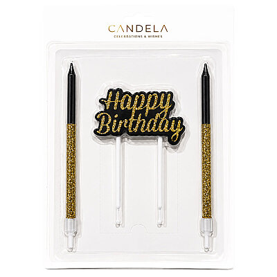  Happy Birthday Yazılı Siyah Simli Pasta Mumu Seti - 1