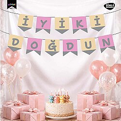 İyi ki Doğdun Pembe Zemin Gümüş Harf Afiş - 1