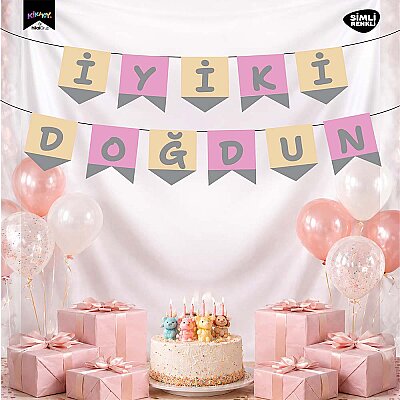 İyi ki Doğdun Pembe Zemin Gümüş Harf Afiş - 1