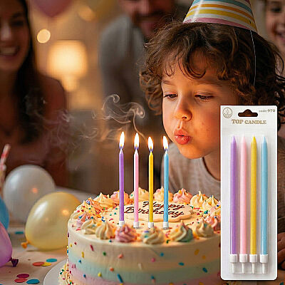 Karışık Renk Makaron İnce Uzun Pasta Mum Seti 19 cm 4'lü - 1