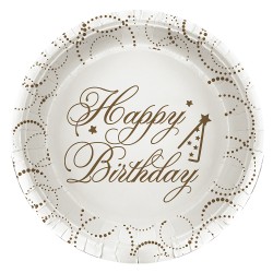 Happy Birthday Elegant Beyaz Karton Tabak 23cm - Kikajoy
