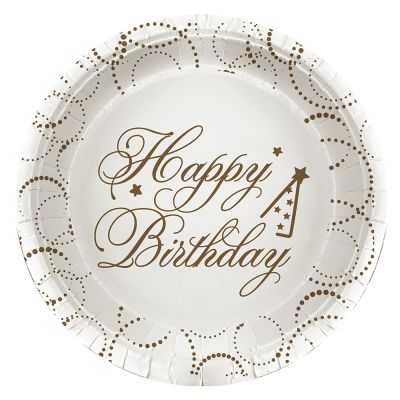 Happy Birthday Elegant Beyaz Karton Tabak 23cm - 1