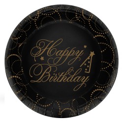 Happy Birthday Elegant Siyah Karton Tabak 23cm - Kikajoy