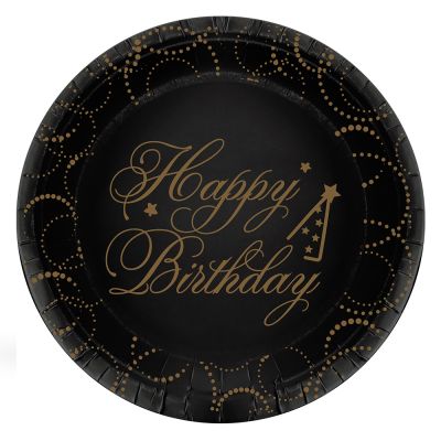 Happy Birthday Elegant Siyah Karton Tabak 23cm - 1