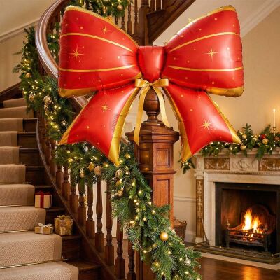 Large Red Ribbon Bow Shaped Mylar Balloon - Festive New Year & Gift Box Decor - 1