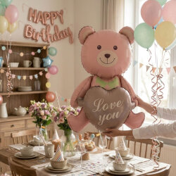 Love You Yazılı Kalp Tutan Ayıcık Folyo Balon - 1