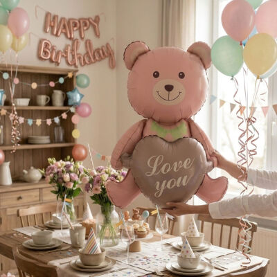 Love You Yazılı Kalp Tutan Ayıcık Folyo Balon - 1
