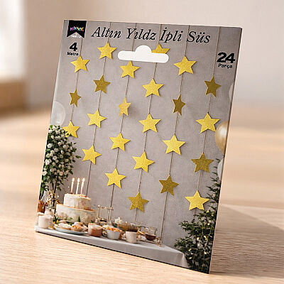 Metallic Gold Star Garland Hanging Decoration - 4 Meters, 24 Pieces - 2