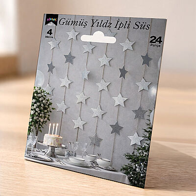 Metallic Silver Star Garland Hanging Decoration - 4 Meters, 24 Pieces - 2