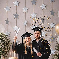 Metallic Silver Star Garland Hanging Decoration - 4 Meters, 24 Pieces - Kikajoy