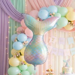 Pastel Mermaid Tail Balloon with Gold Scales - Holographic Sea Party Decor - 1
