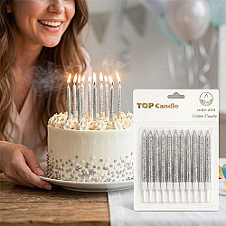 Silver Glitter Cake Candle Set - 8 cm, 12 Pieces - Kikajoy