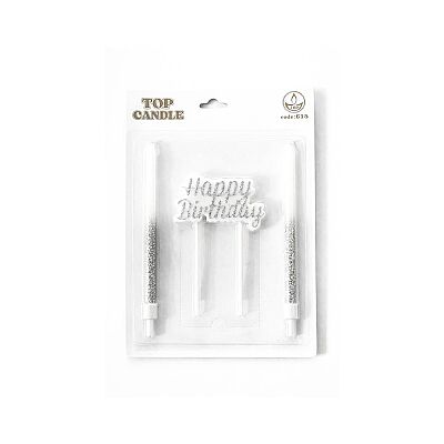 Silver Glitter Happy Birthday & Long Stick Candle Set (14 cm) - 2