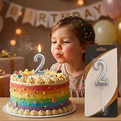 Silver Stick Numeral Candles 7cm No: 2 - 1