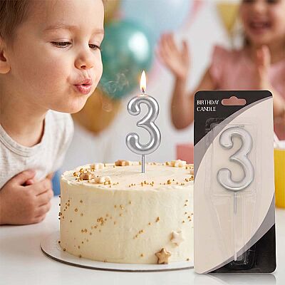 Silver Stick Numeral Candles 7cm No: 3 - 1