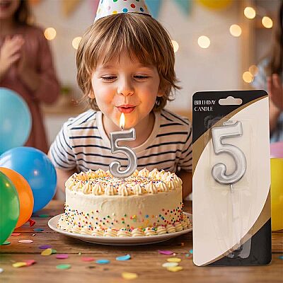 Silver Stick Numeral Candles 7cm No: 5 - 1