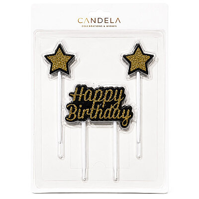 Siyah Parıltılı Doğum Günü Mum Seti - Happy Birthday ve 2 Adet Yıldız Mum - 1